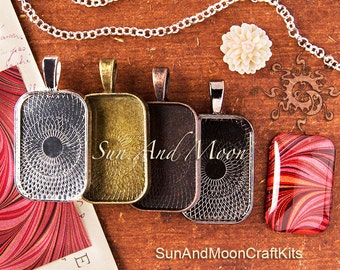 NeW TEXTURED ~ The Sun And Moon Mini Rectangle Pendant Trays and GLASS Tiles ~ 10 Pcs ~ Bezel Setting Pendant Blanks with Glass