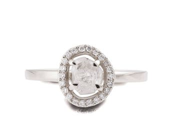 Raw Diamond Ring, 18K White Gold Rough Diamond engagement ring, Unique Engagement ring, rough diamond ring, Raw Halo Ring