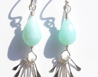 Peruvian Blue Opal Earrings, Sterling Paddle Earrings, Blue Opal Gemstone Earrings, Blue Gemstone, Sterling Wire-wrapped Earrings