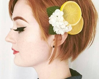 Lemon Blosson Fascinator, Lemon Slices Hair Clip, Fruit Hair Clip, Lemon Hair Clip, Retro hair Clip