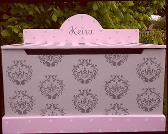 Girls Toy Box, Nursery Chest, Damask, Pink Grey, Toy Benches, Toy Storage, Toy Bin, Personalized, Toddler, Baby Shower Gift