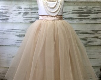 Free Shipping to USA Custom Made Girls Champagne with Ivory Overlay Floor Length Tulle Skirt -for Flower Girl,Rustic Wedding