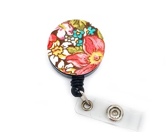 SALE !!!!! Flower Cotton Fabric Pattern Retractable ID Badge Reel Alligator Swivel Clip ID Badge Holder - Nurse Gifts Badge Clips - floral