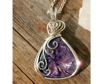 Purple Charoite Cabochon Sterling Silver Wire Wrapped Pendant Handmade Wire Jewelry Perfectly Twisted Jewelry Russian Charoite Cabochon