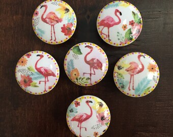 1.5 inch, pink flamingo, cabinet knobs, drawer pulls, white knob, orange, yellow, flamingos, SOLD SEPARATELY