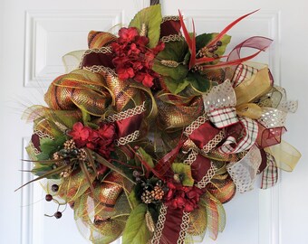 Everyday Mesh Floral Wreath, Front Door Wreath, Mixed Floral Mesh Wreath, Burgundy Wreath, Fall Wreath