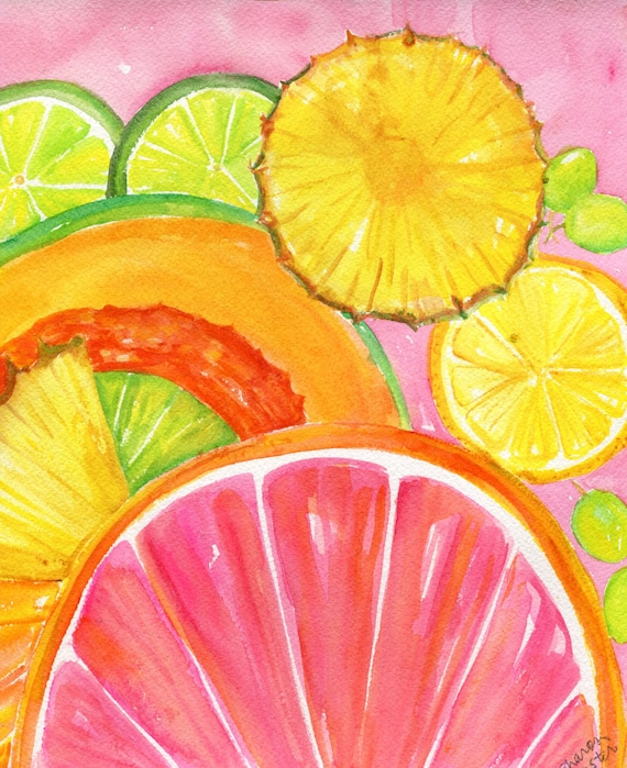 Citrus Watercolor Painting Cantaloupe Grapefruit Lemon