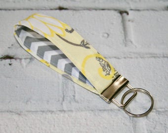 Fabric Key Fob, 5 Inch Key Ring, Key Wristlet, Key Loop, Yellow, Gray, Flowers, Gift