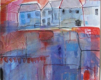 Row of houses, watercolor on paper, original art