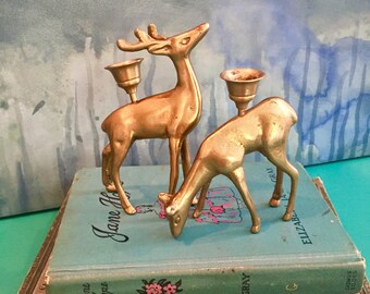 Vintage Brass Deer Candleholders, Vintage Brass Animals, Brass Candleholders, Boho Chic Home Decor, Bohemian Brass, Brass Reindeer