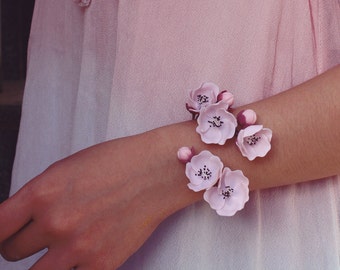 sakura cuff,cherry blossom bracelet ,handmade by polymer clay