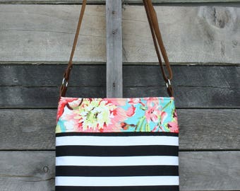 Crossbody Bag, Floral, Black and White Stripe, Genuine Leather, Everyday Purse, Adjustable Strap