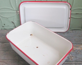Enamelware Box, Kitchen Storage, Refrigerator Box, Enamelware Box with Lid, Vintage Enamelware Box, Red and White enamelware