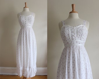 1970s Gunne Sax Style Dress / Vintage White & Purple Floral Maxi Dress / Prairie Dress