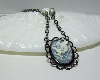 Blue Butterfly and Pearls Necklace. Butterfly Cameo Necklace. Gunmetal Chain Necklace.