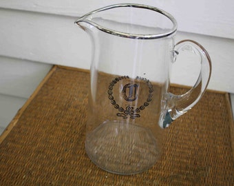 Vintage silver-rimmed pitcher, mid century modern pitcher, mad men bar ware, monogrammed pitcher