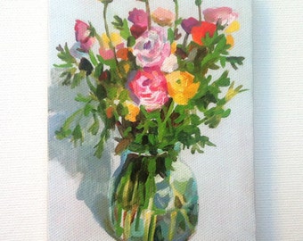 Happy flowers in a jar - Tiny canvas print - wall hanging - Print of Original acrylic painting- CANVAS ART PRINT