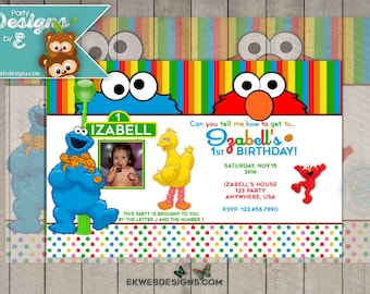 Sesame Street Birthday Invitation - Elmo Cookie Monster Birthday Invitation - Sesame Street Birthday invitation with or without photo