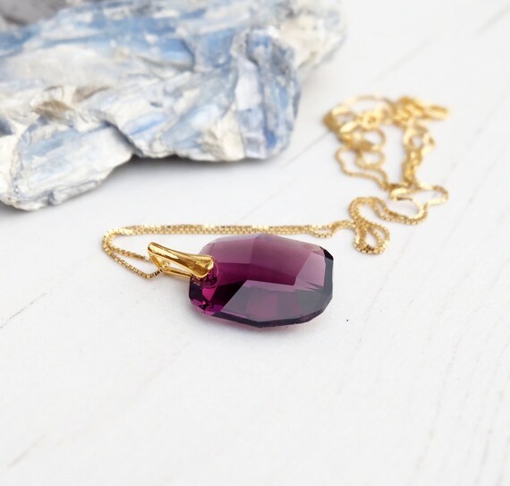 Amethyst Swarovski Crystal Pendant Necklace Purple Rectangular