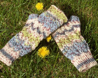 Springtime Green, Blue & White Fingerless Mitts