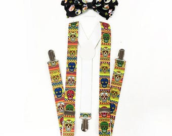 Day of the Dead, Dia de los Muertos, Dia de los Muertos suspenders, Black bow tie, Halloween Costume, Sugar Skull Set, DOTD, Day of the Dead