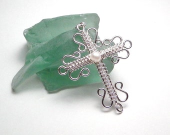 Intricate Wire Wrapped Silver Cross Pendant