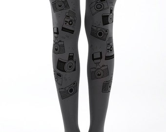 Camera tights, grey printed tights, pantyhose for photography lovers