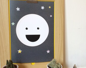 Cute Moon Digital Print, Moon Illustration, Nursery Wall Art, Kids Room Decor