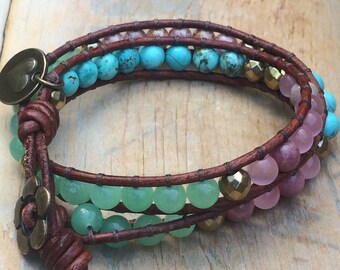 Turquoise leather beaded wrap bracelet