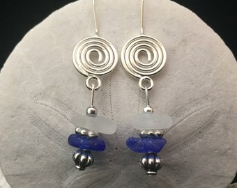 Cobalt blue sea glass swirl earrings, sea glass jewelry, beach glass jewelry, sea glass earrings, beach glass earrings, cobalt sea glass