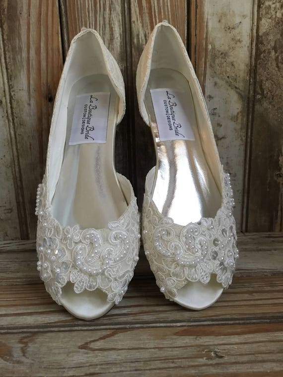 Open Toe Lace Beaded Flat Satin and Lace Bridal Shoe Peep Toe