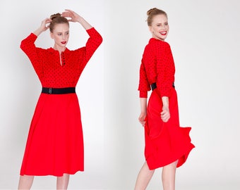 Red Dress with Black Polka Dots & Belt / Knee Length / 3/4 Sleeves Size Small - Medium