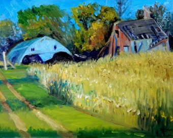 Machine Shed and Farm House Original Oil Painting Farm Painting Corn Field Art Gift Tree painting painting by TomFisherArt