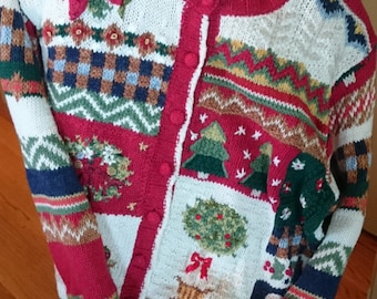 Christmas Sweater/ Cardigan/ Tiara International Sweater/ Patchwork/ Poinsetta Topiary/ Christmas trees and wreaths/ Tacky Sweater Party