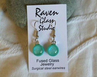 Bright green dichroic glass earrings, Fused glass jewelry, Kiln fired glass earrings, EA265