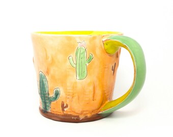 Cactus Mug - earthenware, wheel thrown food safe cactus themed mug made by Kaitlyn Brennan