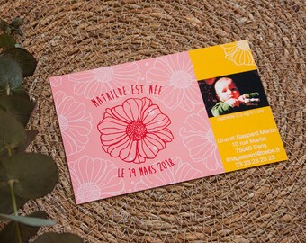 Birth announcement illustrated "floral drawing and photo of baby", personalize, pink and yellow version