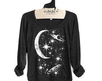 Small- Charcoal Black Tri-Blend Sweatshirt with Crescent Moon Galaxy Print