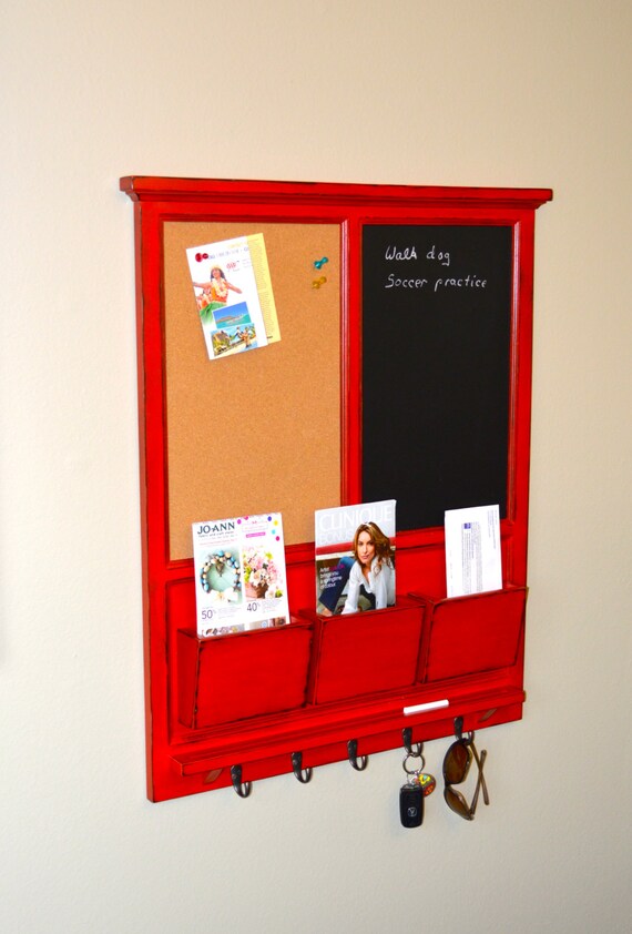 Chalkboard & corkboard Mail Organizer, Distressed RED over BLACK letter holder Key / Coat / Hat rack - RusTic - Home Decor
