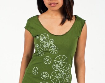 Medium - Graphic tee for women, womans tops tshirts, silkscreen womens t-shirt, womens tees, tops & tees, olive green tshirt, wheels