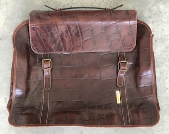 Vintage Giorgio Armani Brown Leather Crocodile Embossed Briefcase Weekender