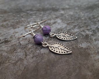 Silver Leaf Lavender Turquoise Earrings, Antique Silver Leaf Earrings, Purple Gemstone Earrings, Rustic Leaf Jewelry, Gift for her, Everyday