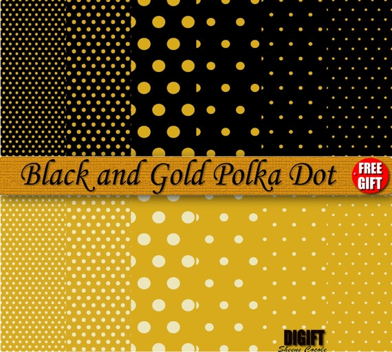 Black and Gold polka dot digital paper clipart background Gold