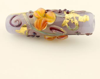 Lampwork Bead Long Focal Purple Glass with Iridescent Flowers and Gold Leaf