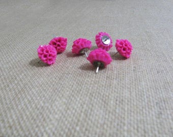 Set of 6 Bright Pink, Raspberry Dahlia Flower push pins, thumb tacks