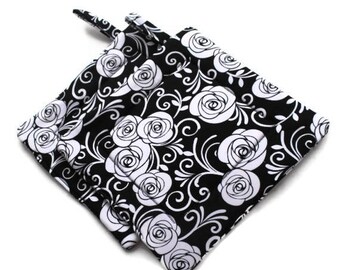 Handmade Quilted Pot Holders set of 2 Roses Black White Potholders