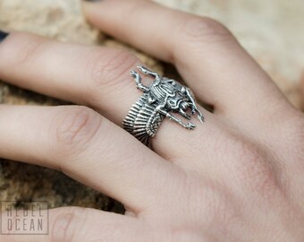 Egypt Scarab Ring Antique Silver Color Bronze Adjustable Ring Beetle Wrap Ring Boho Jewelry - FRI006