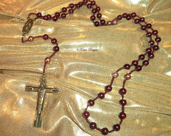 Custom Rosary Antique Gold Madonna Cross Crucifix Burgundy Pearl Glass Beads Handmade OOAK One of a Kind by TorresDesigns Gift Ready To Ship