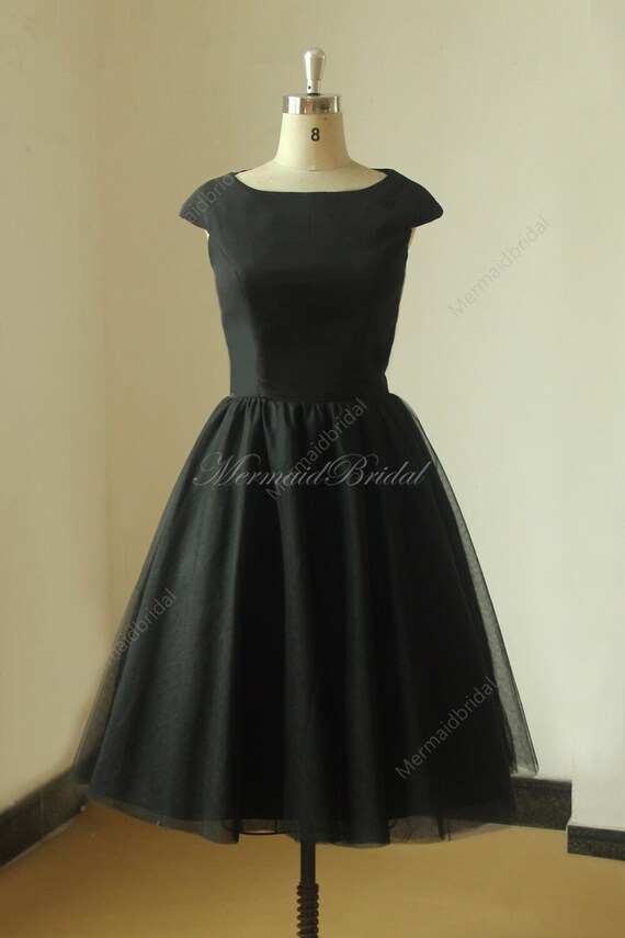 Vintage chiffon tulle capsleeves tea length prom dress