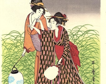Japanese Ukiyoe, Woodblock print, antique, Utamaro, "Musashino"